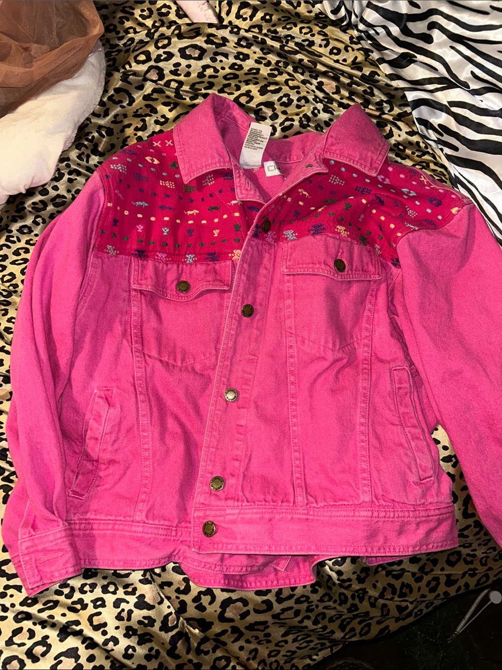Womens Vintage Hot Pink Embroidered Denim Jacket